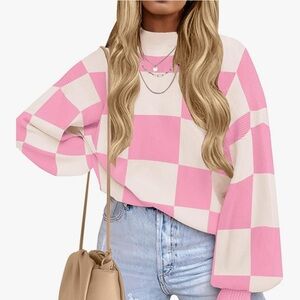 Pink and Cream Checkered Women's Sweater